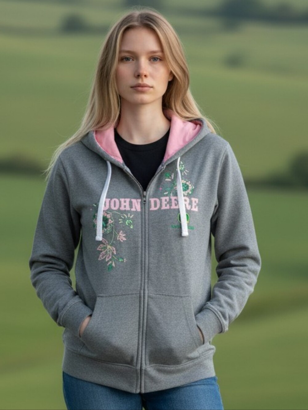 John Deere Gray Zip Hoodie with Pink Hood Lining and Floral Embroidery 6033